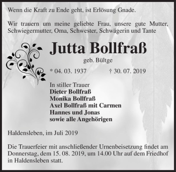 Traueranzeige von Jutta Bollfraß (geb. Bültge)  von Magdeburger Volksstimme