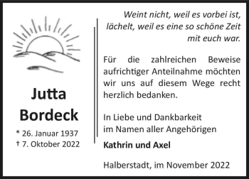 Traueranzeige von Jutta Bordeck  von Magdeburger Volksstimme