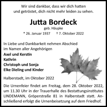 Traueranzeige von Jutta Bordeck (geb. Häupke)  von Magdeburger Volksstimme