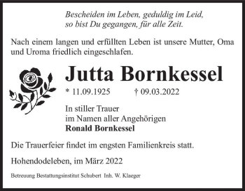 Traueranzeige von Jutta Bornkessel  von Magdeburger Volksstimme