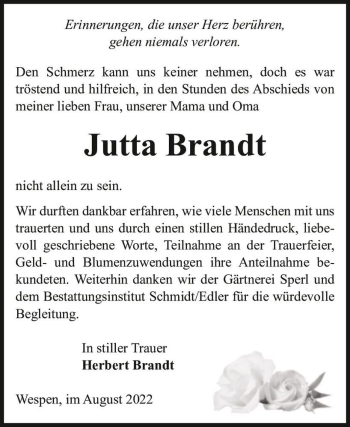 Traueranzeige von Jutta Brandt  von Magdeburger Volksstimme