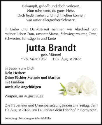 Traueranzeige von Jutta Brandt (geb. Mürmel)  von Magdeburger Volksstimme