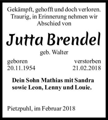 Traueranzeige von Jutta Brendel (geb. Walter)  von Magdeburger Volksstimme