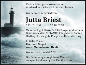 Traueranzeige von Jutta Briest  von Magdeburger Volksstimme