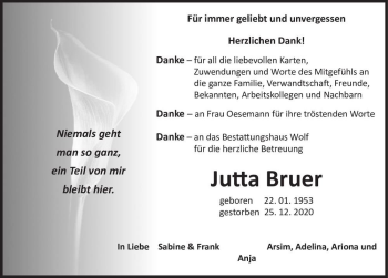 Traueranzeige von Jutta Bruer  von Magdeburger Volksstimme