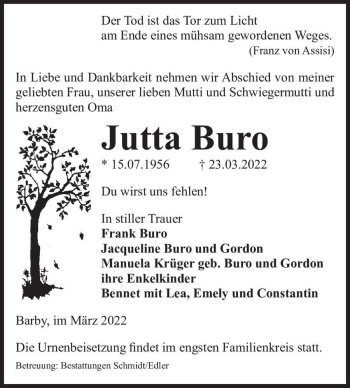 Traueranzeige von Jutta Buro  von Magdeburger Volksstimme