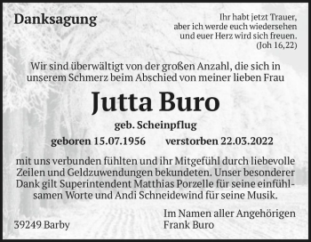 Traueranzeige von Jutta Buro (geb. Scheinpflug)  von Magdeburger Volksstimme