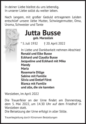 Traueranzeige von Jutta Busse (geb. Marzollek)  von Magdeburger Volksstimme