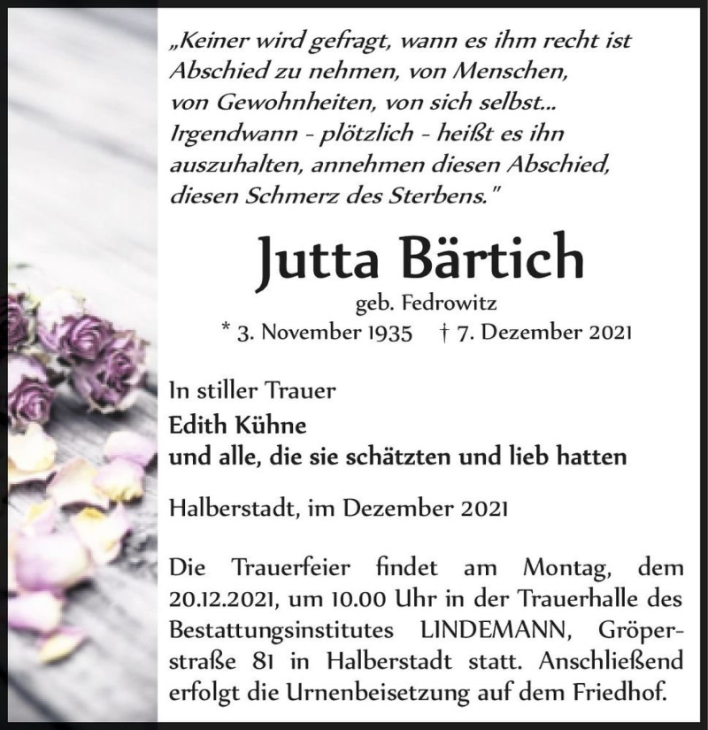  Traueranzeige für Jutta Bärtich (geb. Fedrowitz)  vom 11.12.2021 aus Magdeburger Volksstimme