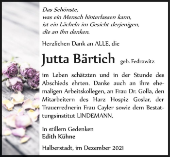 Traueranzeige von Jutta Bärtich (geb. Fedrowitz)  von Magdeburger Volksstimme