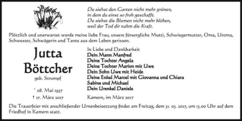 Traueranzeige von Jutta Böttcher (geb. Strumpf)  von Magdeburger Volksstimme