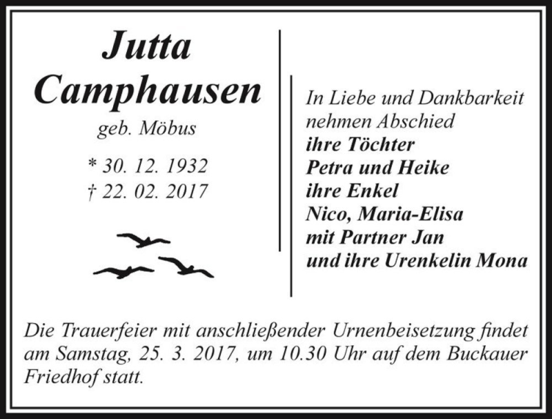  Traueranzeige für Jutta Camphausen (geb. Möbus)  vom 11.03.2017 aus Magdeburger Volksstimme