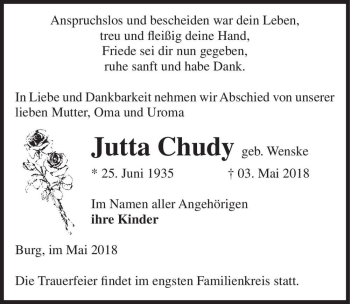 Traueranzeige von Jutta Chudy (geb. Wenske)  von Magdeburger Volksstimme