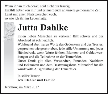 Traueranzeige von Jutta Dahlke  von Magdeburger Volksstimme