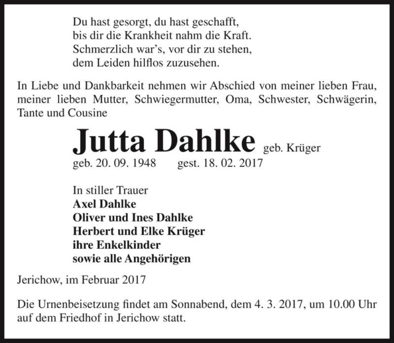  Traueranzeige für Jutta Dahlke (geb. Krüger)  vom 22.02.2017 aus Magdeburger Volksstimme