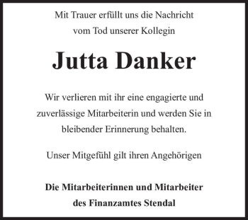 Traueranzeige von Jutta Danker  von Magdeburger Volksstimme