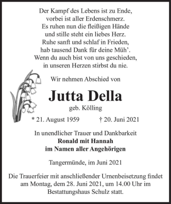 Traueranzeige von Jutta Della (geb. Kölling)  von Magdeburger Volksstimme