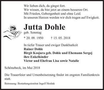 Traueranzeige von Jutta Dohle (geb. Sonntag)  von Magdeburger Volksstimme