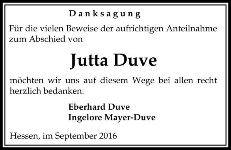  Traueranzeige für Jutta Duve  vom 08.10.2016 aus Magdeburger Volksstimme