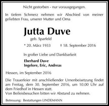 Traueranzeige von Jutta Duve (geb. Sparfeld)  von Magdeburger Volksstimme