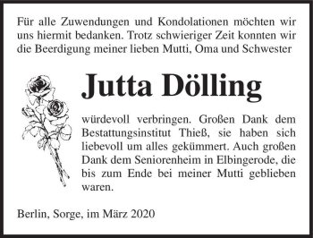 Traueranzeige von Jutta Dölling  von Magdeburger Volksstimme