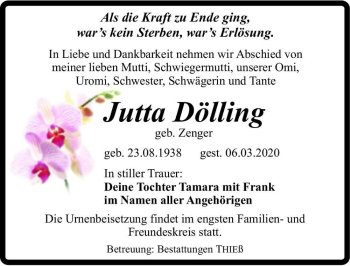 Traueranzeige von Jutta Dölling (geb. Zenger)  von Magdeburger Volksstimme
