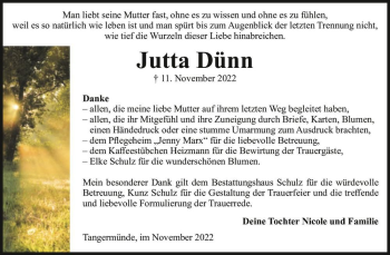 Traueranzeige von Jutta Dünn  von Magdeburger Volksstimme