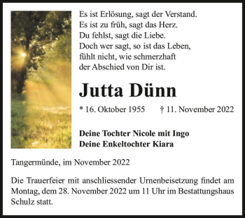 Traueranzeige von Jutta Dünn  von Magdeburger Volksstimme