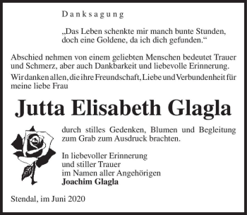 Traueranzeige von Jutta Elisabeth Glagla  von Magdeburger Volksstimme