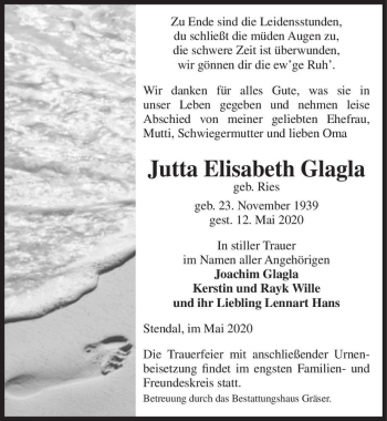 Traueranzeige von Jutta Elisabeth Glagla (geb. Ries)  von Magdeburger Volksstimme
