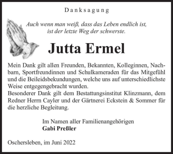 Traueranzeige von Jutta Ermel  von Magdeburger Volksstimme