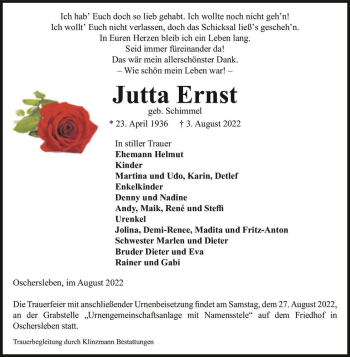 Traueranzeige von Jutta Ernst (geb. Schimmel)  von Magdeburger Volksstimme