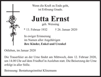 Traueranzeige von Jutta Ernst (geb. Weissing)  von Magdeburger Volksstimme