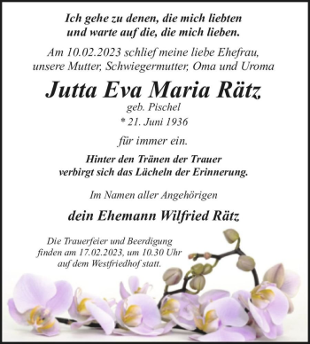 Traueranzeige von Jutta Eva Maria Rätz (geb. Pischel)  von Magdeburger Volksstimme