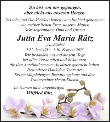 Traueranzeige von Jutta Eva Maria Rätz (geb. Pischel)  von Magdeburger Volksstimme