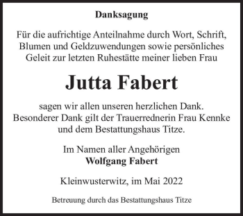 Traueranzeige von Jutta Fabert  von Magdeburger Volksstimme