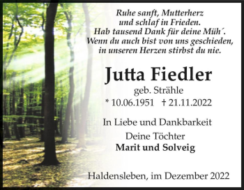 Traueranzeige von Jutta Fiedler (geb. Strähle)  von Magdeburger Volksstimme