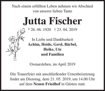 Traueranzeige von Jutta Fischer  von Magdeburger Volksstimme