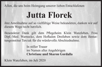 Traueranzeige von Jutta Florek  von Magdeburger Volksstimme