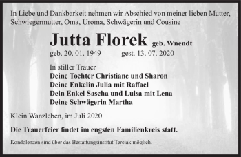 Traueranzeige von Jutta Florek (geb. Wnendt)  von Magdeburger Volksstimme