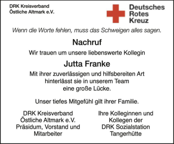 Traueranzeige von Jutta Franke  von Magdeburger Volksstimme
