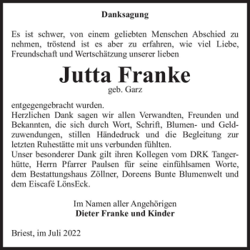 Traueranzeige von Jutta Franke (geb. Garz)  von Magdeburger Volksstimme
