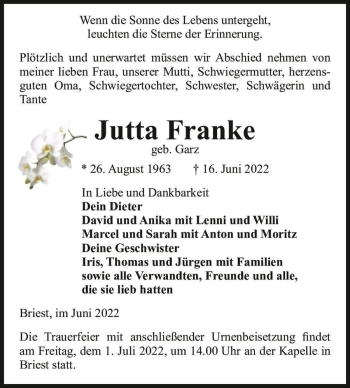 Traueranzeige von Jutta Franke (geb. Garz)  von Magdeburger Volksstimme