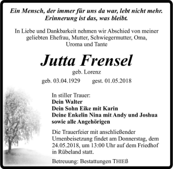 Traueranzeige von Jutta Frensel (geb. Lorenz)  von Magdeburger Volksstimme