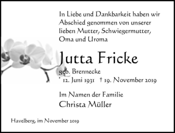 Traueranzeige von Jutta Fricke (geb. Brennecke)  von Magdeburger Volksstimme