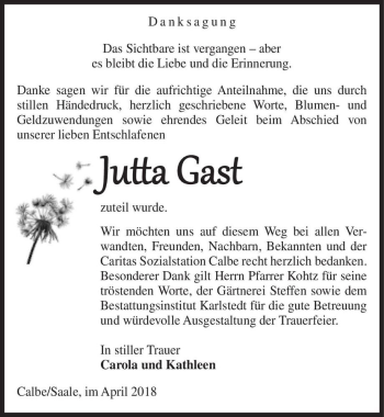 Traueranzeige von Jutta Gast  von Magdeburger Volksstimme
