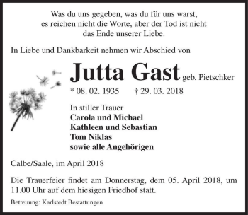 Traueranzeige von Jutta Gast (geb. Pietschker)  von Magdeburger Volksstimme