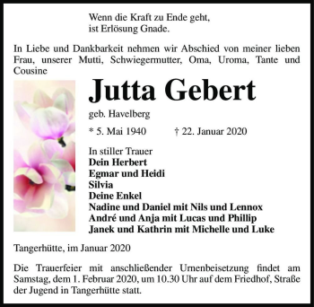 Traueranzeige von Jutta Gebert (geb. Havelberg)  von Magdeburger Volksstimme