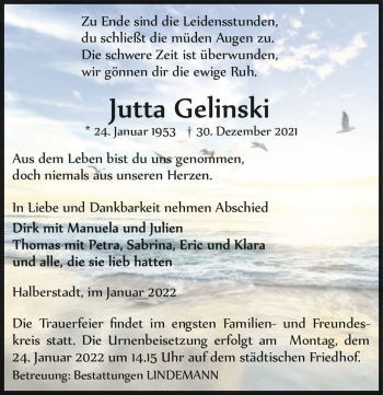 Traueranzeige von Jutta Gelinski  von Magdeburger Volksstimme