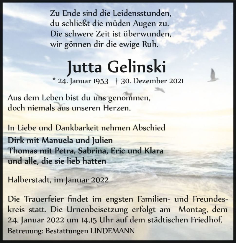  Traueranzeige für Jutta Gelinski  vom 08.01.2022 aus Magdeburger Volksstimme